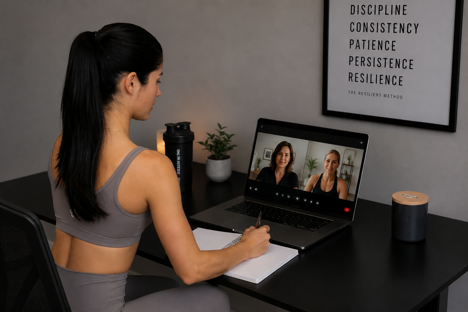 Woman taking notes during a Zoom consultation — the 40-minute call